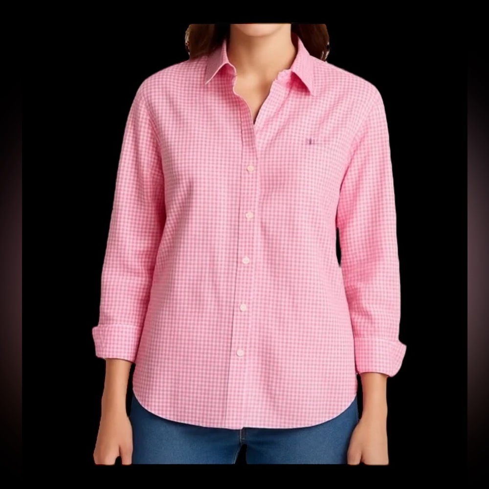 Ralph Lauren LRL Womens Non-Iron Button Up Gingham Blouse Pink White Size Small